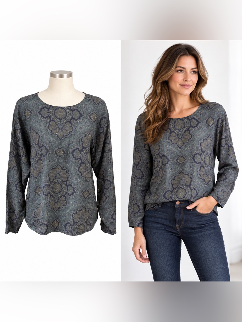 Calvin Klein 100% Silk Blue Green Paisley Long Sleeve